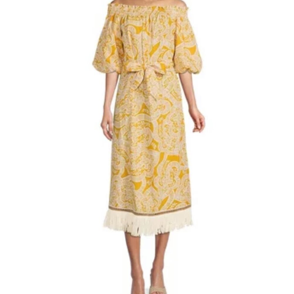 ANTONIO MELANI-Nat Note Raney Off The Shoulder Printed Linen Yellow Fringe Dress